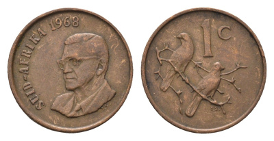 ЮАР 1 цент 1968 Окончание президентства Чарльза Сварта, Suid Africa, легенда на английском KM 74.2 бронза 4690-1063