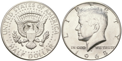 США 1/2 доллара (50 центов) 1968 D, Джон Кеннеди KM 202a серебро  UNC  4178-943