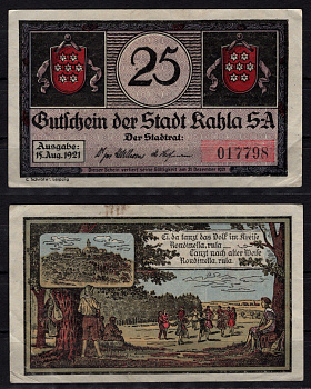 Германия 25 пфенингов 1921 нотгельд, город Кахла P 668.2a, 668.3a 1/3 бумага 7198-42-2-1