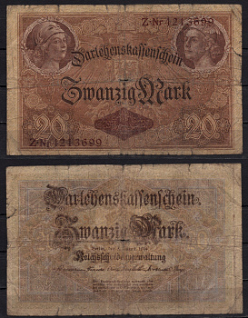 Германия 20 марок 1914 Минерва и Меркурий, герб Pick 48b бумага 8592-53-2-2