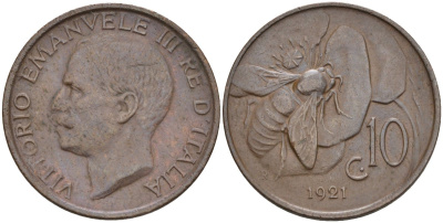 Италия 10 чентезимо 1921 R, пчела, Виктор Эммануил III (1900-1946) KM 60 медь 4591-954