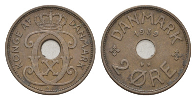 Дания 2 эре 1939 N, Кристиан X (1912-1947) KM 827 бронза 4701-914