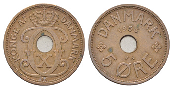 Дания 5 эре 1936 N, Кристиан X (1912-1947) KM 828 бронза 4706-741