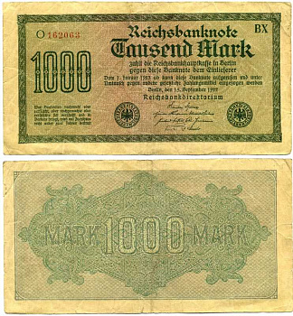 ГЕРМАНИЯ 1000 МАРОК 1922 15 СЕНТЯБРЯ 1922, ВОДЯНОЙ ЗНАК I, ЖЕЛТАЯ БУМАГА, СЕРИЯ ВX Pick 76b, Rosenberg 75d бумага 8595-10-1-2