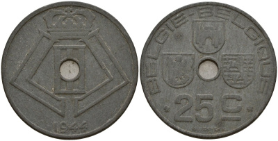 Бельгия 25 сантимов 1944 Belgie - Belgique, Леопольд III (1934-1947), германская оккупация, Вторая мировая война KM 132 цинк 4157-621