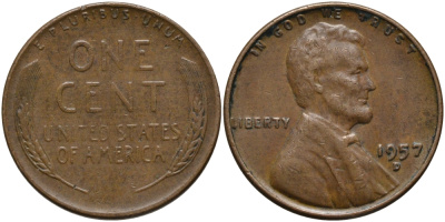 США 1 ЦЕНТ 1957 D, ЛИНКОЛЬН KM А132 медь цинк 54-963