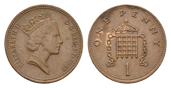 Великобритания 1 пенни 1987 Елизавета II (1952-2022) KM 935, Spink 4381 (B3) бронза 4696-757