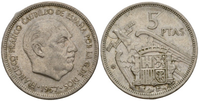 Испания 5 песет 1957 (74) Франсиско Франко (1939-1975) KM 786 медно-никель 186-744