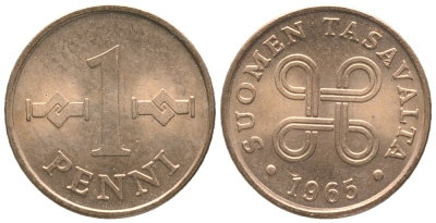 Финляндия 1 пенни 1965 KM 44 медь 100-957