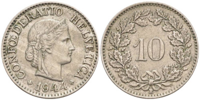ШВЕЙЦАРИЯ 10 РАППЕНОВ 1944 В KM 27 медно-никель 201-1044