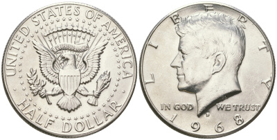 США 1/2 доллара (50 центов) 1968 D, Джон Кеннеди KM 202a серебро  UNC  4178-1031