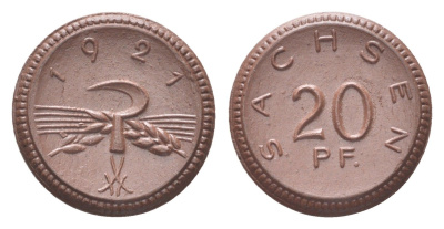 Саксония 20 пфеннигов 1921 Men05 22281.4, Men18 27868.4, Scheuch 31a, J N. 53 фарфор AUC2-5-22