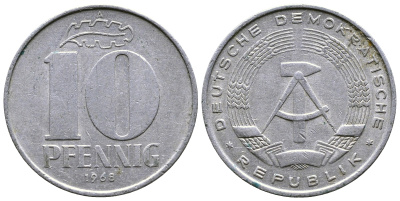 ГДР 10 пфеннигов 1968 А KM 10 алюминий 4364-1753
