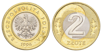 Польша 2 злотых 1994 MW KM 283 биметалл UNC 4701-121