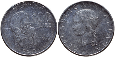 Италия 100 лир 1979 R, FAO, корова с теленком KM 106 нержавеющая сталь 4398-1042