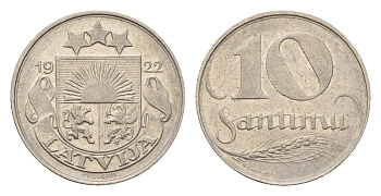 Латвия 10 сантимов 1922 год-тип KM 44 никель 4689-813