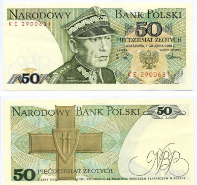Польша 50 злотых 1988 Кароль Сверчевский, знак Грюнвальдского ордена Pick 142 c бумага 8605-43-4-2