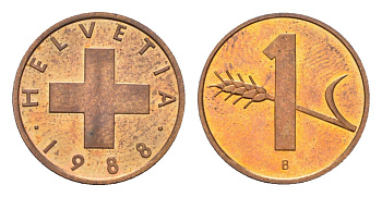 Швейцария 1 раппен 1988 B KM 46 бронза UNC 4708-313