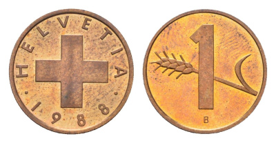 Швейцария 1 раппен 1988 B KM 46 бронза UNC 4708-313
