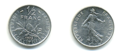 ФРАНЦИЯ 1/2 ФРАНКА 1973 KM 931.1 никель 25-926