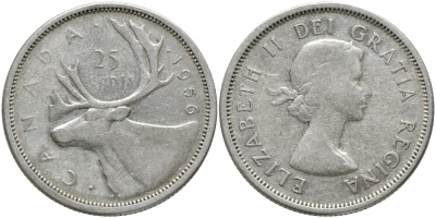 Канада 25 центов 1956 Елизавета II (1952-2022), олень KM 52 серебро 4385-1017
