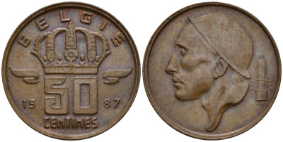 Бельгия 50 сантимов 1987 Belgie, Бодуэн I (1951-1993) KM 149 бронза 4154-1056
