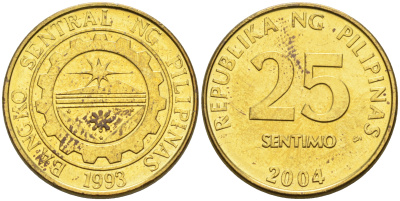 Филиппины 25 сентимо 2004  KM 271а латунь  UNC  4115-427