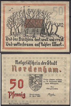 Норденхам 50 пфеннигов 1921 Mehl Grabowski 982.2a-2/2 бумага UNC (пресс) 8613-29-2-2