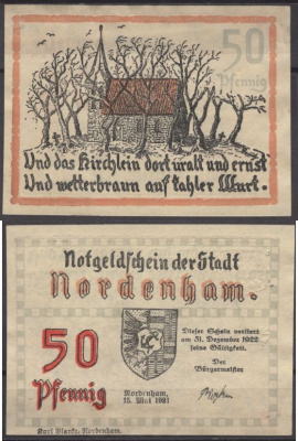 Норденхам 50 пфеннигов 1921 Mehl Grabowski 982.2a-2/2 бумага UNC (пресс) 8613-29-2-2