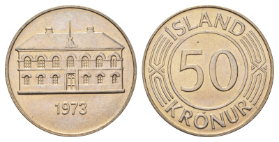 Исландия 50 крон 1973 здание парламента в Рейкьявике, редкий год KM 19 медно-никель UNC 4517-735