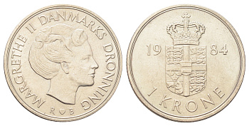 Дания 1 крона 1984 R;B, Маргрете II (1972-2024) KM 862 медно-никель UNC 190-617
