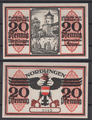Нердлинген 20 пфеннигов ND (1921) Mehl Grabowski 978.4a-2/5 бумага UNC (пресс) 8592-17-3-2