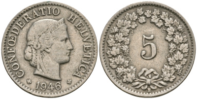 Швейцария 5 раппенов 1946 В KM 26 медно-никель 4608-1041