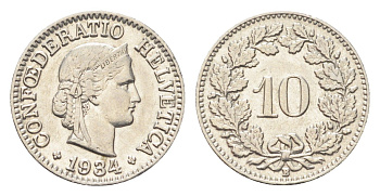 Швейцария 10 раппенов 1934 B KM 27b никель 4708-149