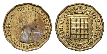 Великобритания 3 пенса 1953 Елизавета II (1952-2022), год-тип KM 886, Spink 4152 никель латунь aUNC 4691-634