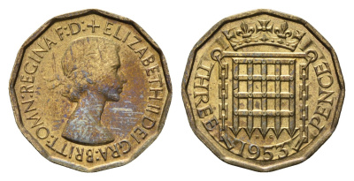 Великобритания 3 пенса 1953 Елизавета II (1952-2022), год-тип KM 886, Spink 4152 никель латунь aUNC 4691-634