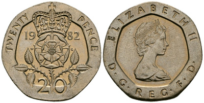 Великобритания 20 пенсов 1982 Елизавета II (1952-2022) KM 931, Spink 4230 (G1) медно-никель 23-1132
