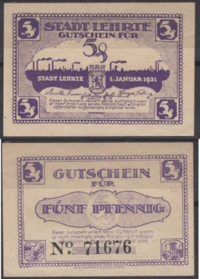 Лерте 5 пфеннигов 1921 Grabowski L30.1a бумага UNC (пресс) 8601-9-4-1