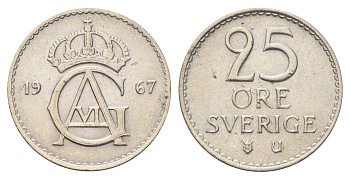 Швеция 25 эре 1967 Густав VI Адольф (1950-1973) KM 836 медно-никель UNC 4701-537