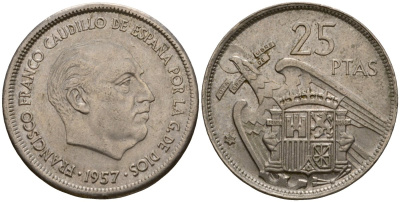 Испания 25 песет 1957 (69) KM 787 медно-никель 92-745