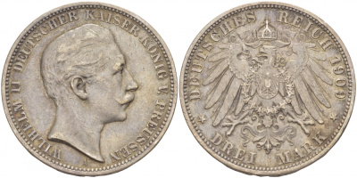 Пруссия 3 марки 1909 Вильгельм II (1888-1918) KM 527, J. 103 серебро 413-1444