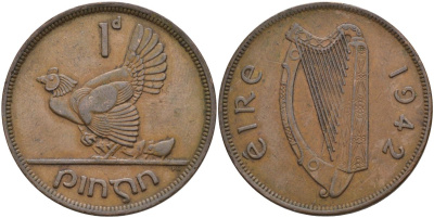 Ирландия 1 пенни 1942 курица с цыплятами KM 11 бронза 4149-334