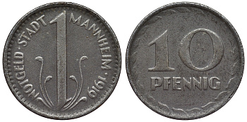 Германия, Маннхайм 10 пфеннигов 1919 Баден-Вюртемберг, нотгельд железо 4119-456