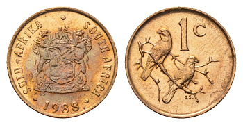 ЮАР 1 цент 1988 герб, капские воробьи KM 82 бронза UNC 4690-1248