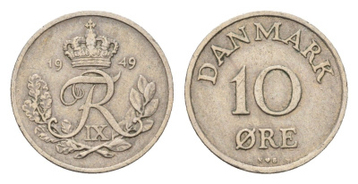 Дания 10 эре 1949 N, Фредерик IX (1947-1972) KM 841 медно-никель 4701-935