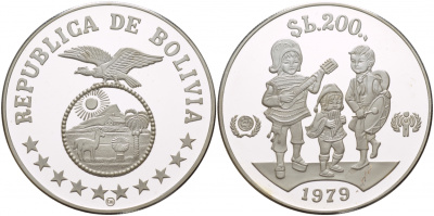 Боливия 200 песо 1979 Международный год защиты детей KM 198 серебро PROOF 11-183-32