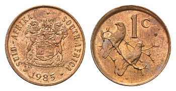 ЮАР 1 цент 1985 герб, капские воробьи KM 82 бронза UNC 4690-1239