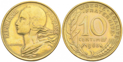ФРАНЦИЯ 10 САНТИМОВ 1968 ТИП MARIANNE KM 929, LE FRANC 144.8 алюминиевая бронза 44-969