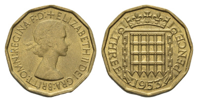 Великобритания 3 пенса 1953 Елизавета II (1952-2022), год-тип KM 886, Spink 4152 никель латунь UNC 60-231