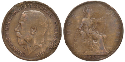 Великобритания 1 пенни 1921 Георг V (1910-1936) KM 810, Spink 4051 бронза 4123-1012